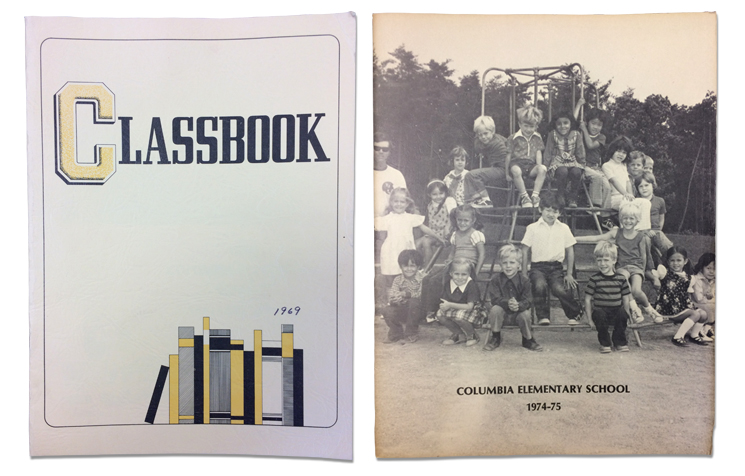 Columbia Elementary yearbook covers from 1969 and 1975. The 1969 cover is a plain image of books on a shelf with the word classbook printed in bold. The 1975 yearbook cover is a black and white photograph of students sitting on the playground's jungle gym equipment.